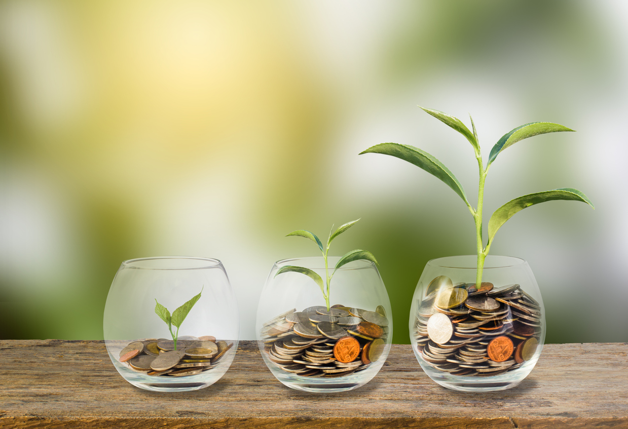 Investment concept. Growth plant on coins three step in clear glass bottle on wooden table with green blurred background and light. Conceptual saving money for growing business and future Investment concept. Growth plant on coins three step in clear glass bottle on wooden table with green blurred background and light. Conceptual saving money for growing business and future